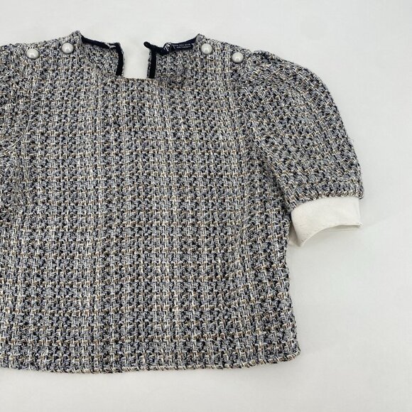 ZARA WOMEN’S SIZE SMALL TWEED BLOUSE TOP WITH FAUX PEARL *MISSING BUTTON* - Picture 3 of 14